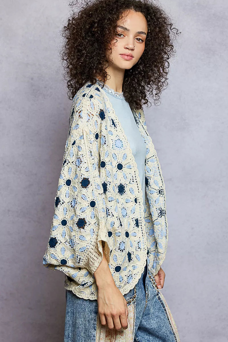 POL Open Front Floral Pattern Crochet Cardigan