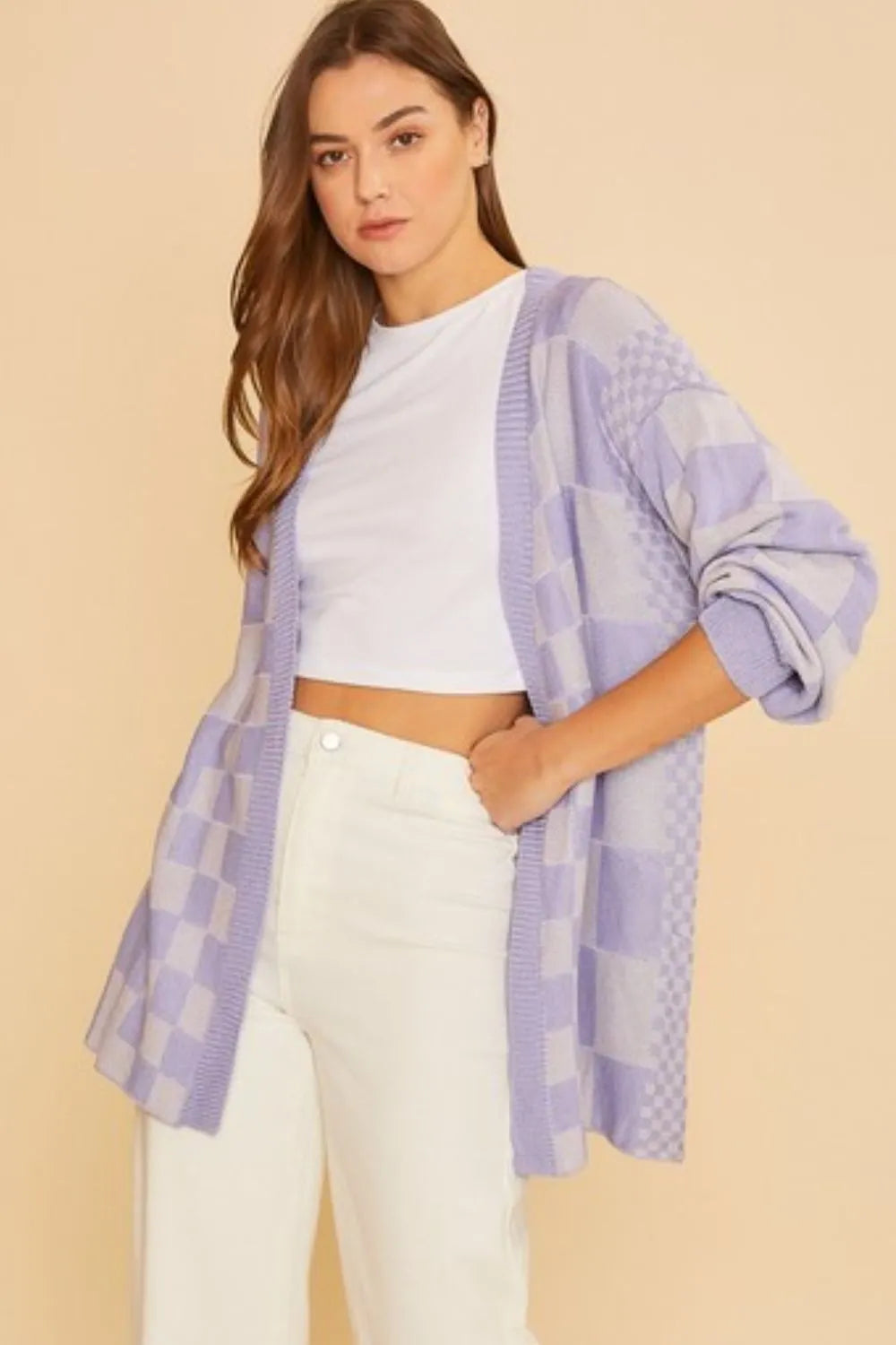 Annie Wear Checkered Open Front Drop Shoulder Cardigan