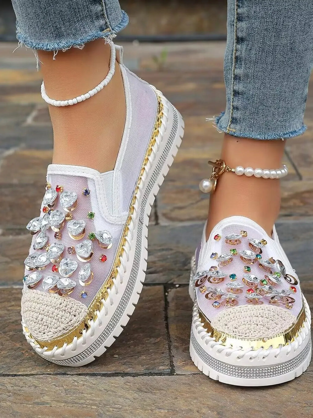 Rhinestone Round Toe Platform Loafers