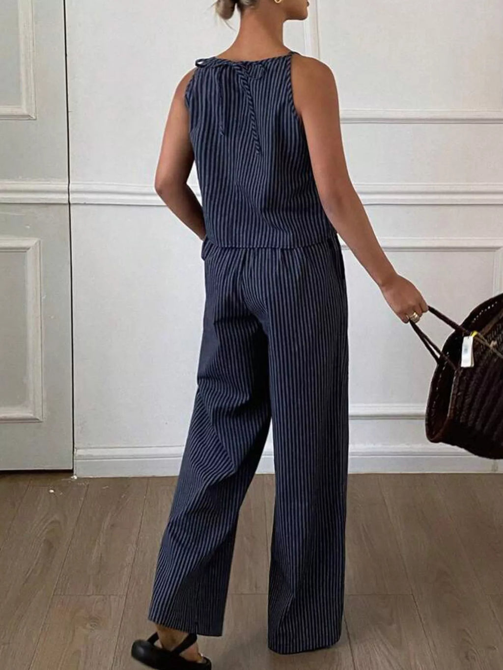 Striped Sleeveless Top and Wide-Leg Pants Set