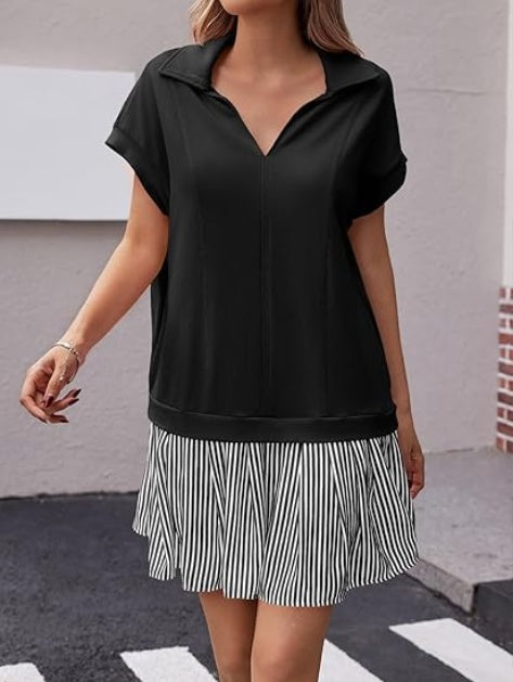 Fisoew Striped Patchwork Polo V‑Neck Mini Dress with Pockets