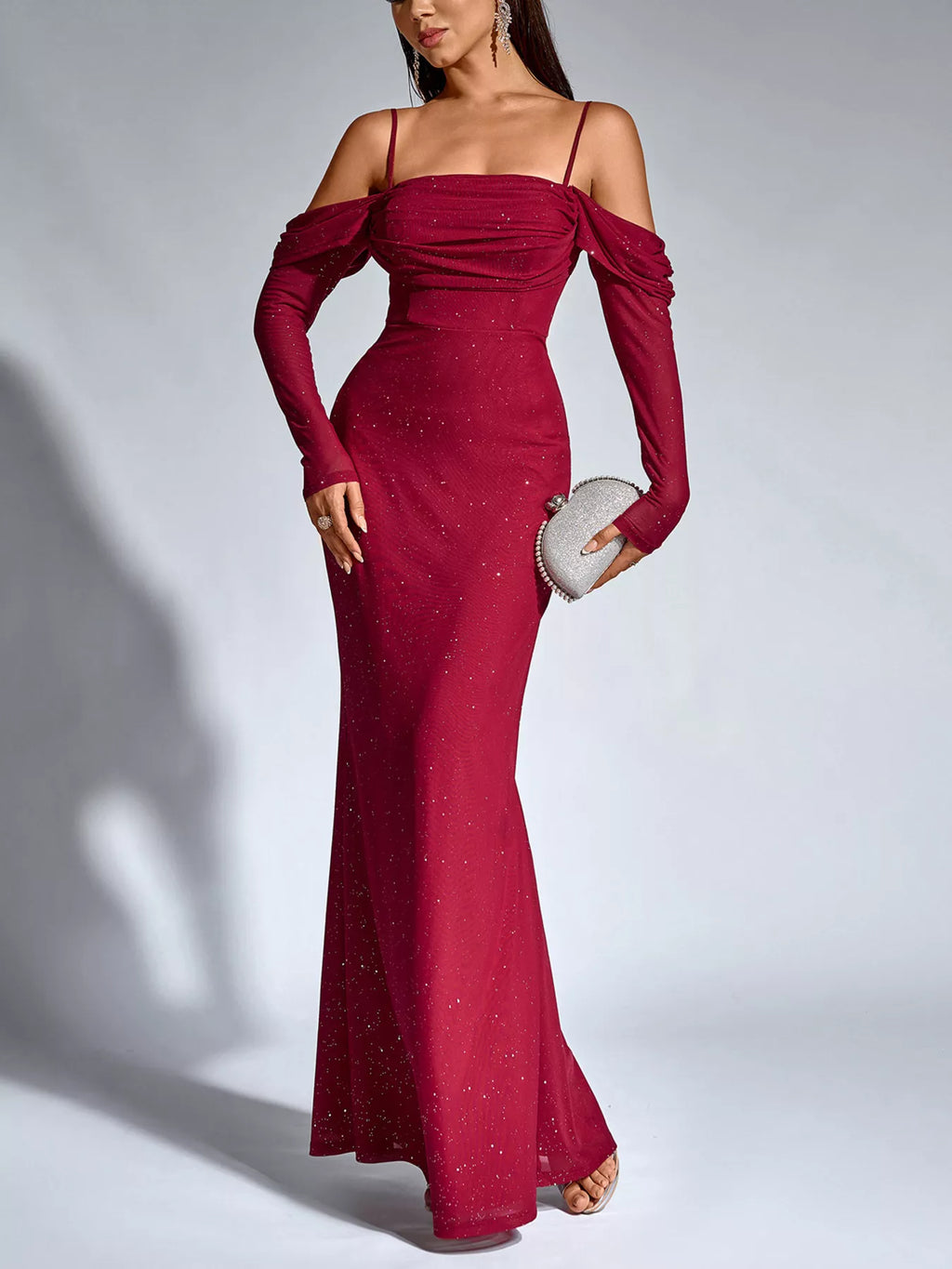 Glitter Ruched Long Sleeve Mermaid Maxi Dress