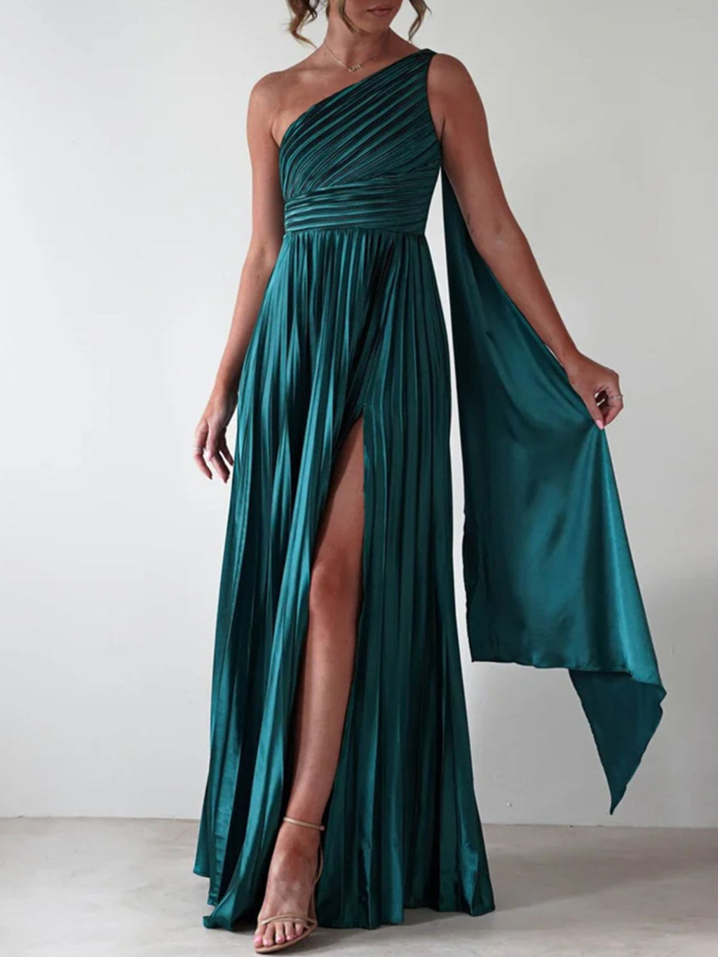 One-Shoulder Pleated Slit Maxi Dress