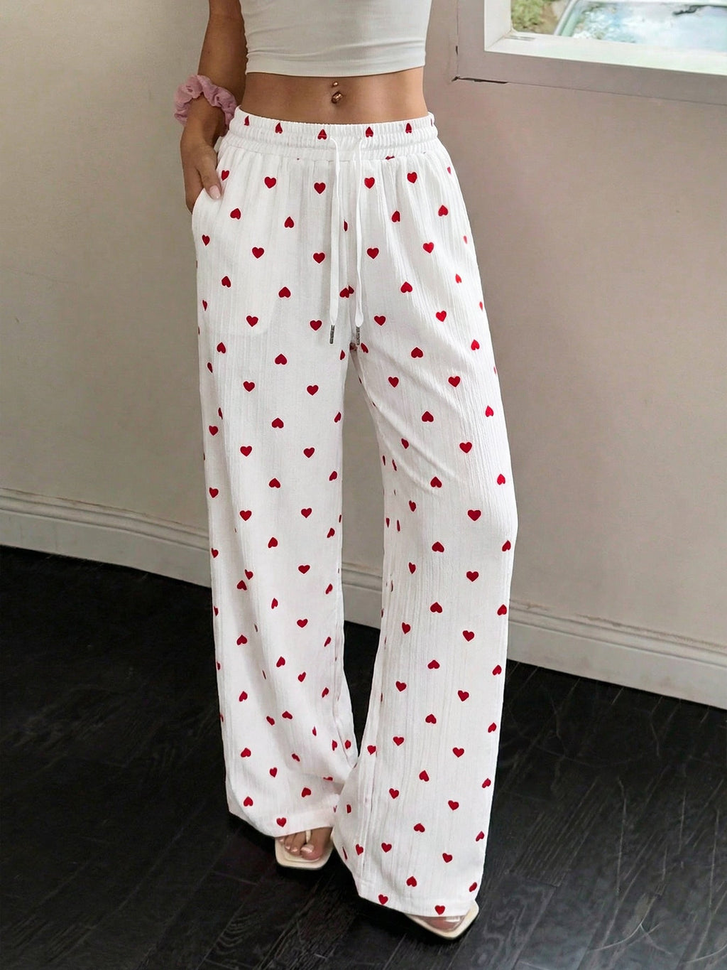 Heart Print Drawstring Waist Wide Leg Pants
