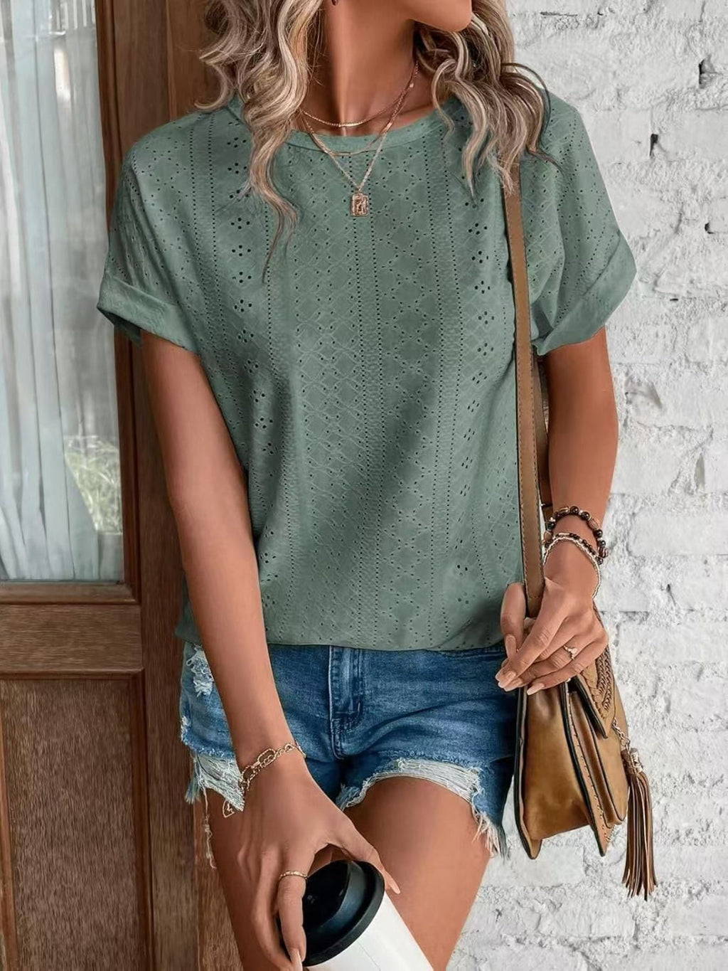 Eyelet Round Neck Short Sleeve Top