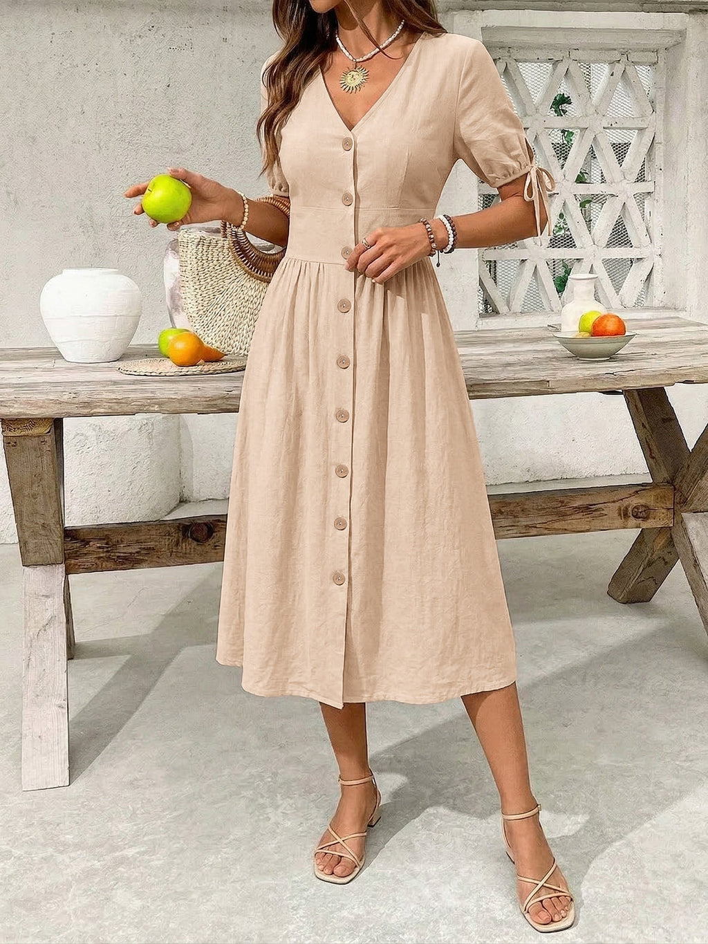 Button-Down Short Sleeve Midi Dress