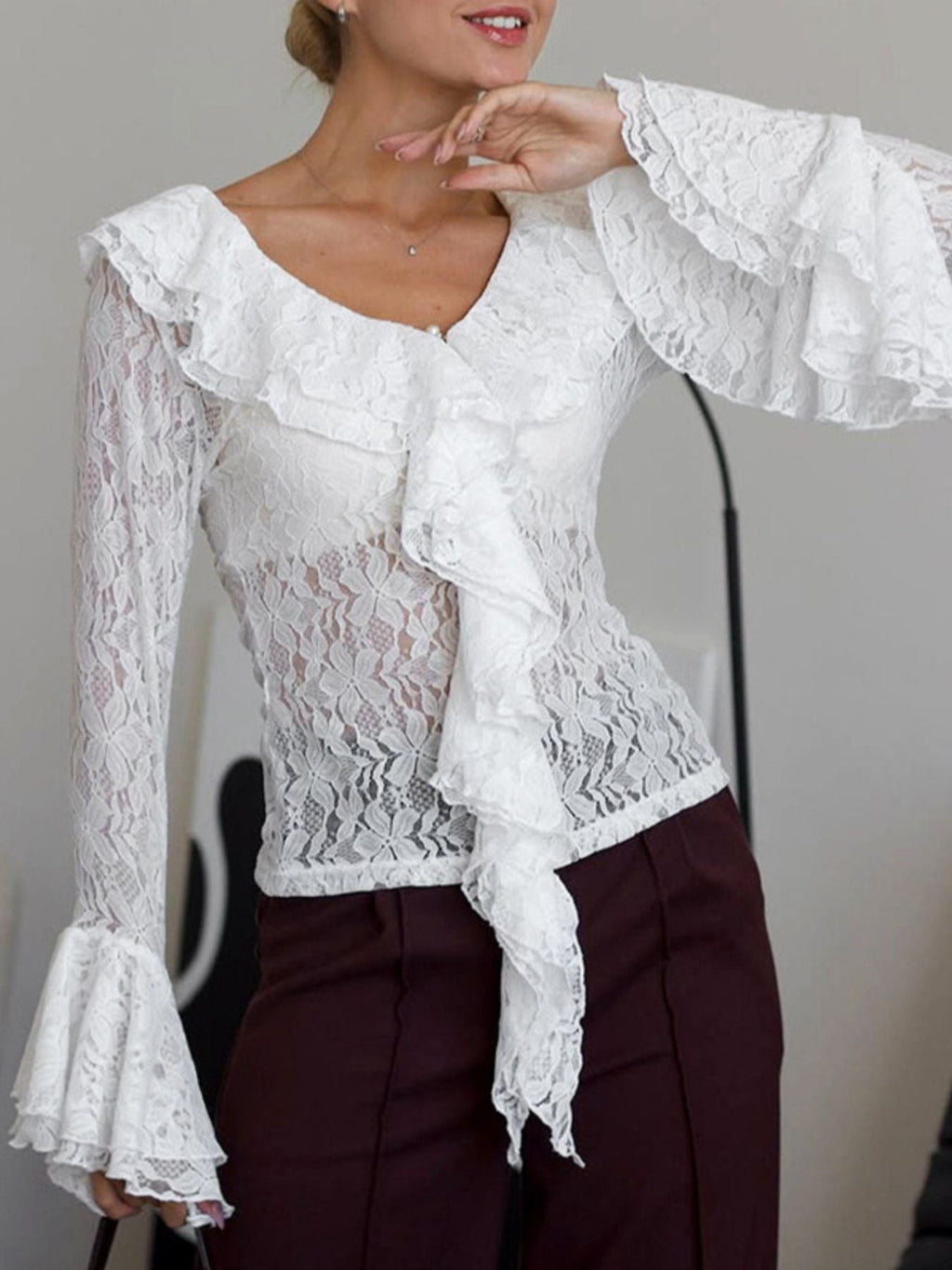 Ruffle Lace Flounce Sleeve Blouse