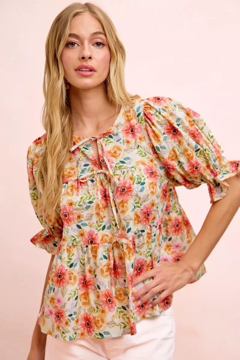 BiBi Flower Printed Shirring Detail Blouse Top