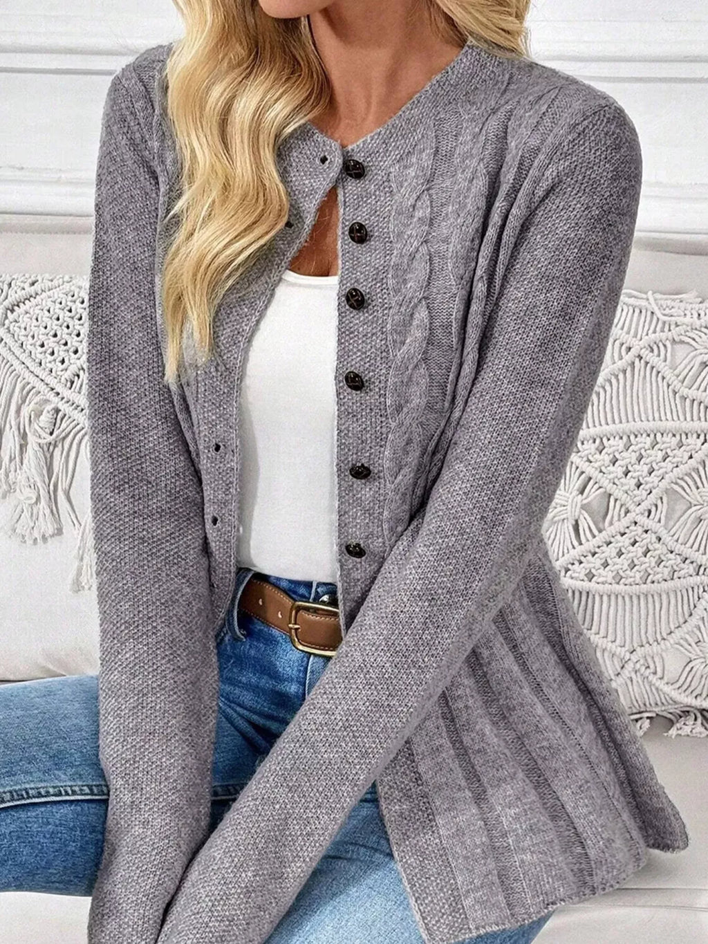 Cable-Knit Button-Down Cardigan