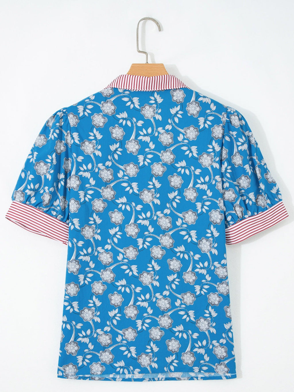 Floral Print Striped Trim Button Neck Short Sleeve Blouse