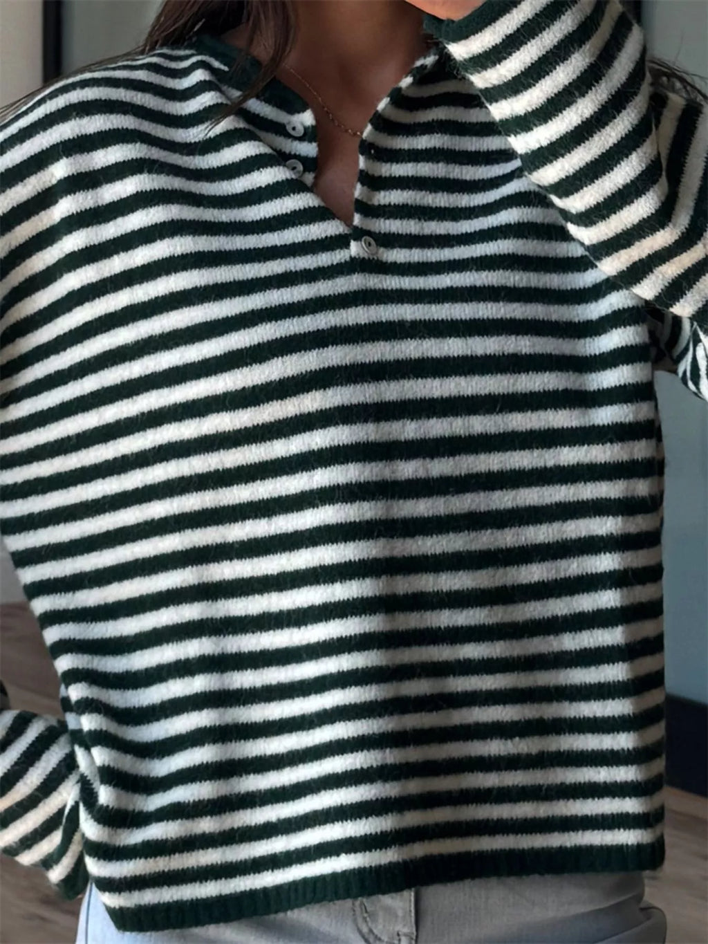 Button Detail Dropped Shoulder Striped Sweater