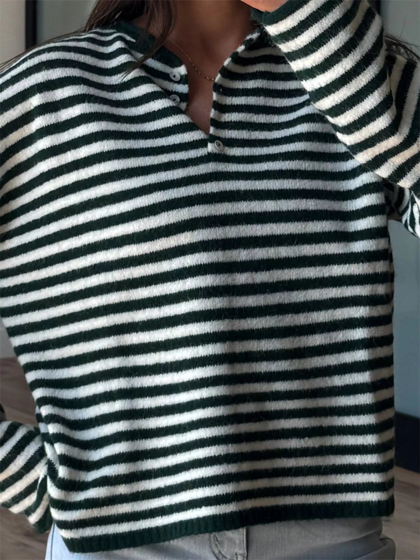 Button Detail Dropped Shoulder Striped Sweater