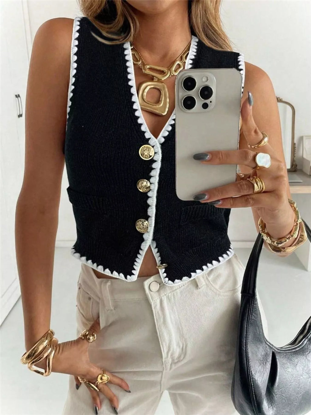 Contrast Trim Button Up Sweater Vest