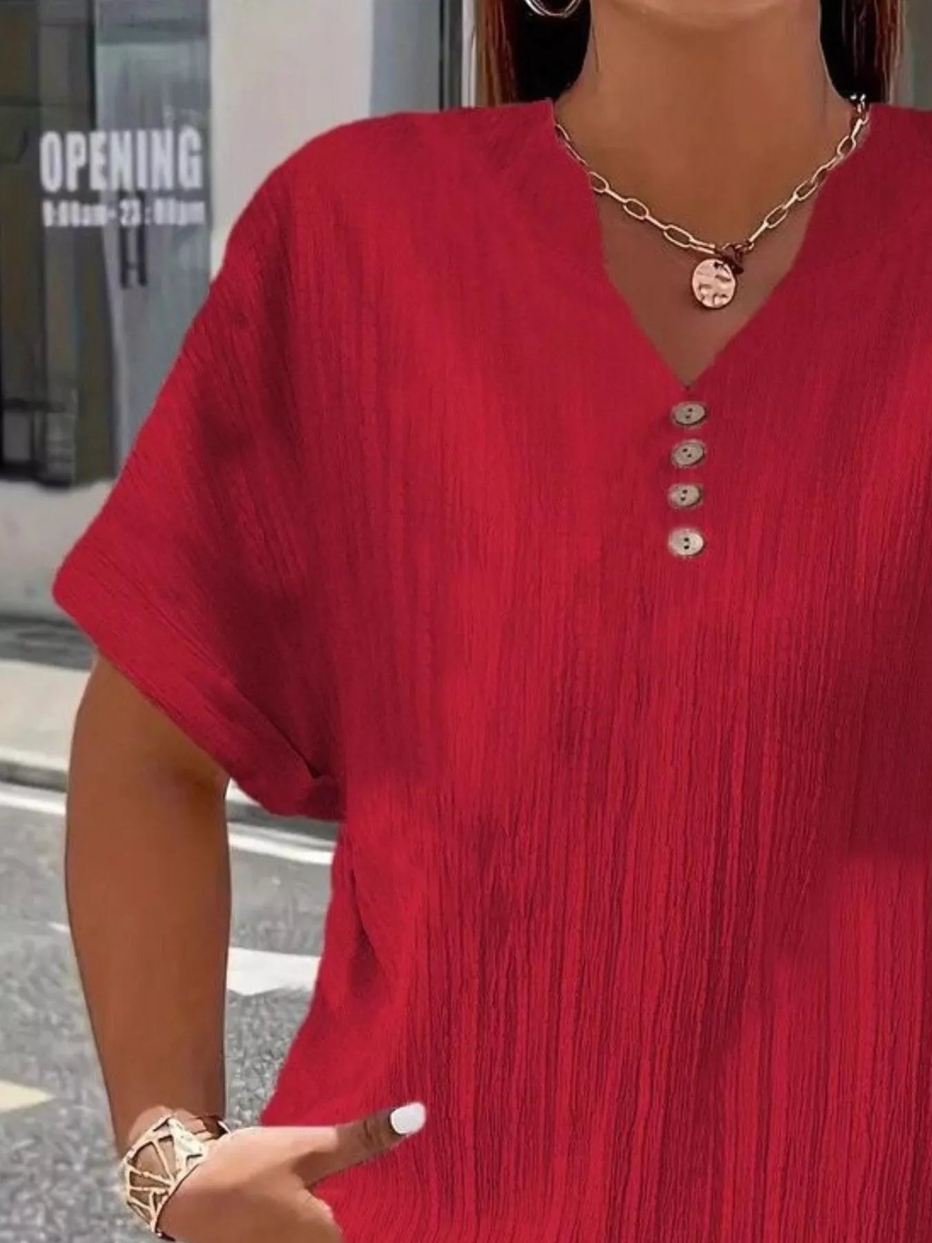 Plus Size Notched Short Sleeve Textured Top