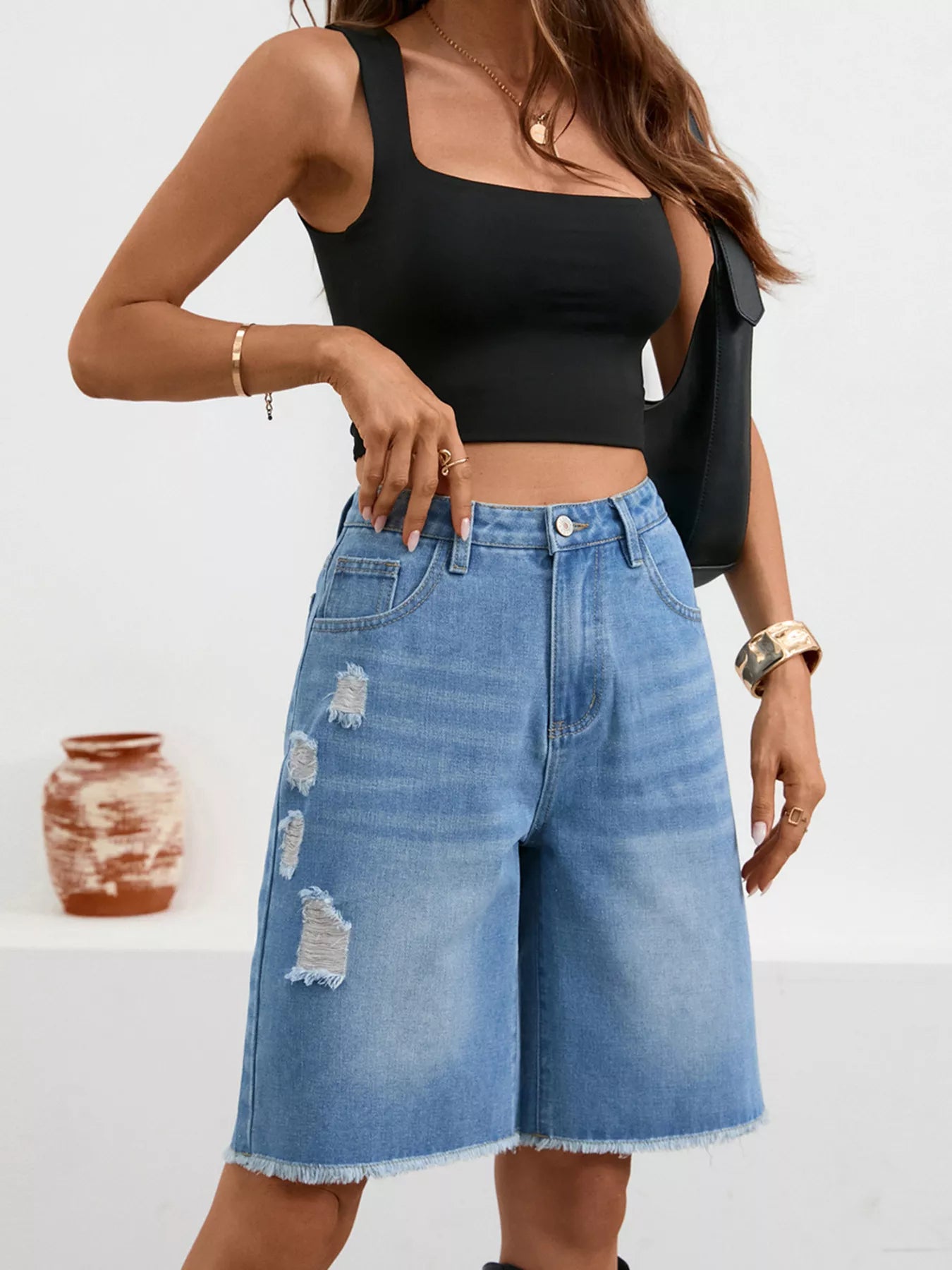 Ripped Frayed Hem Denim Shorts