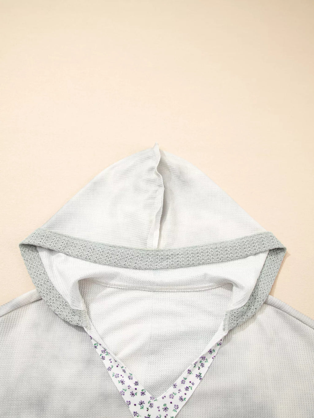 Floral Patched Waffle Textured V Neck Casual Hooded Top