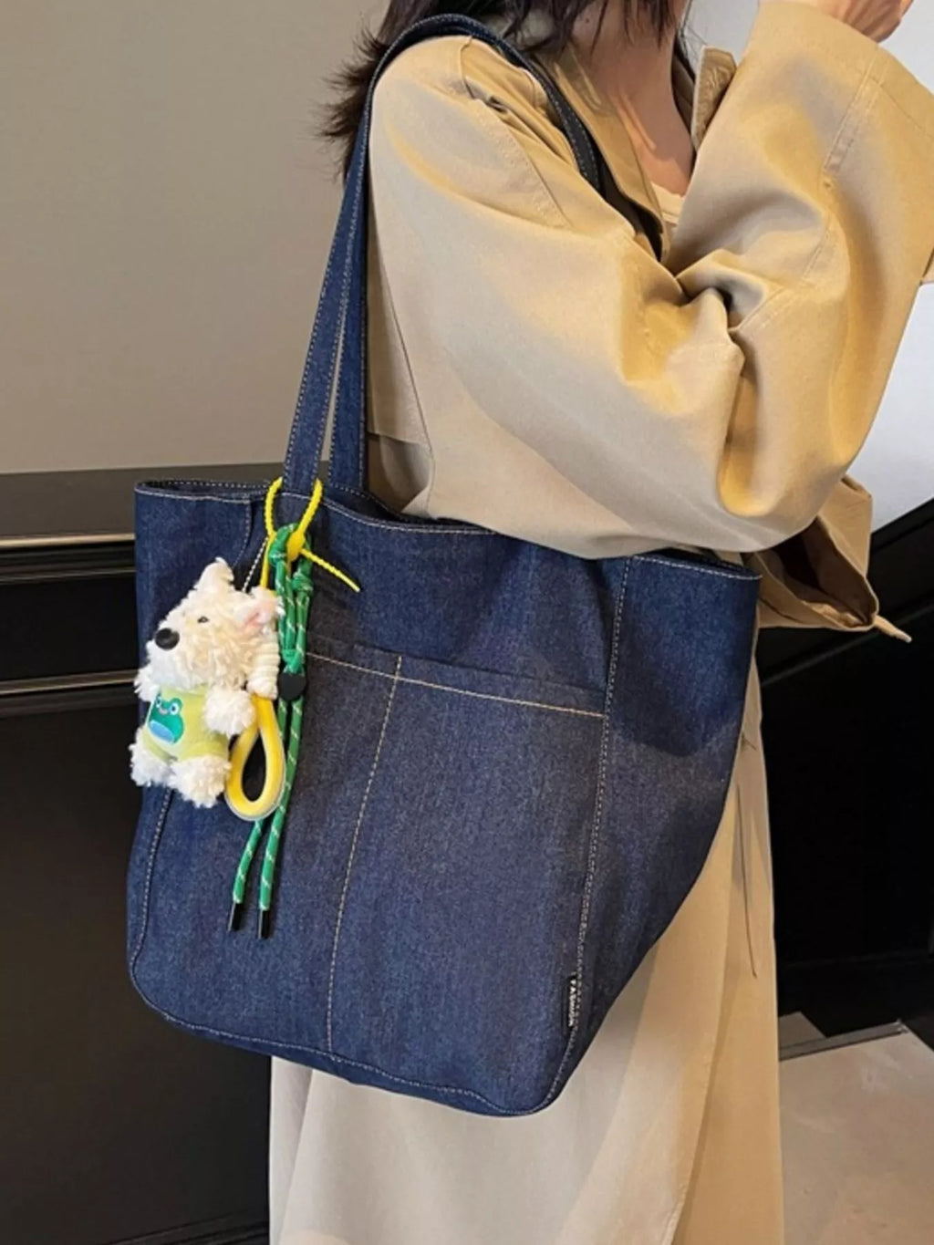 Denim Shoulder Bag with Cute Charm