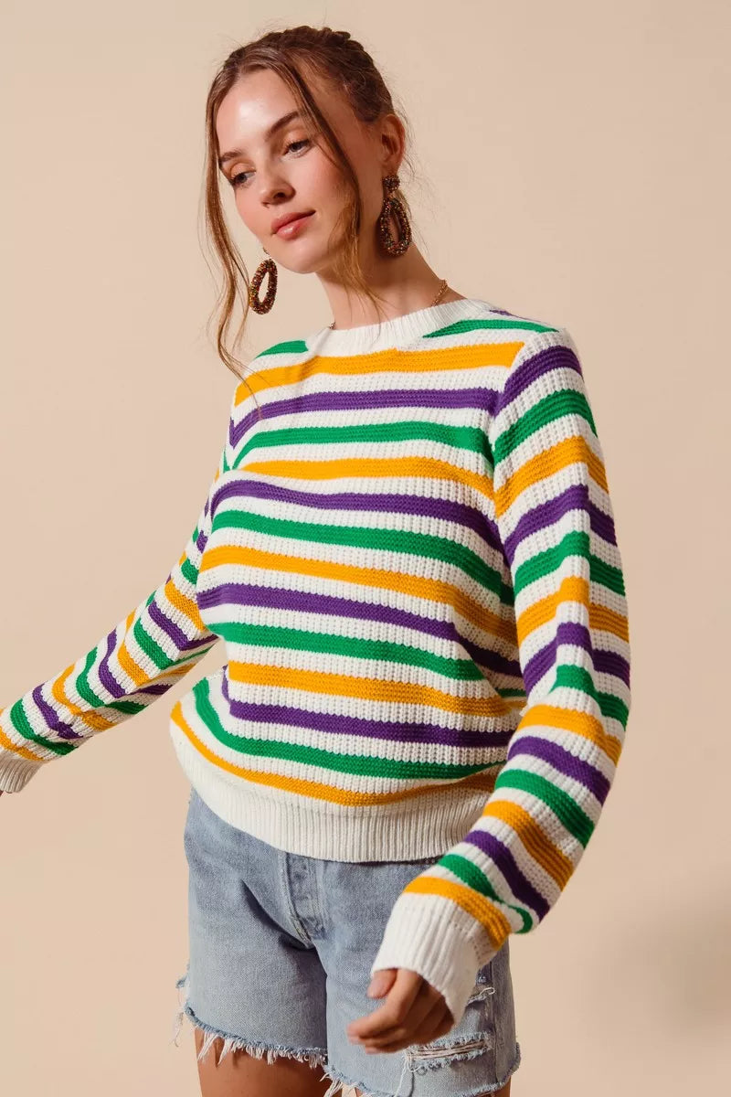 SO ME Mardi Gras Color Stripe Knit Sweater Top
