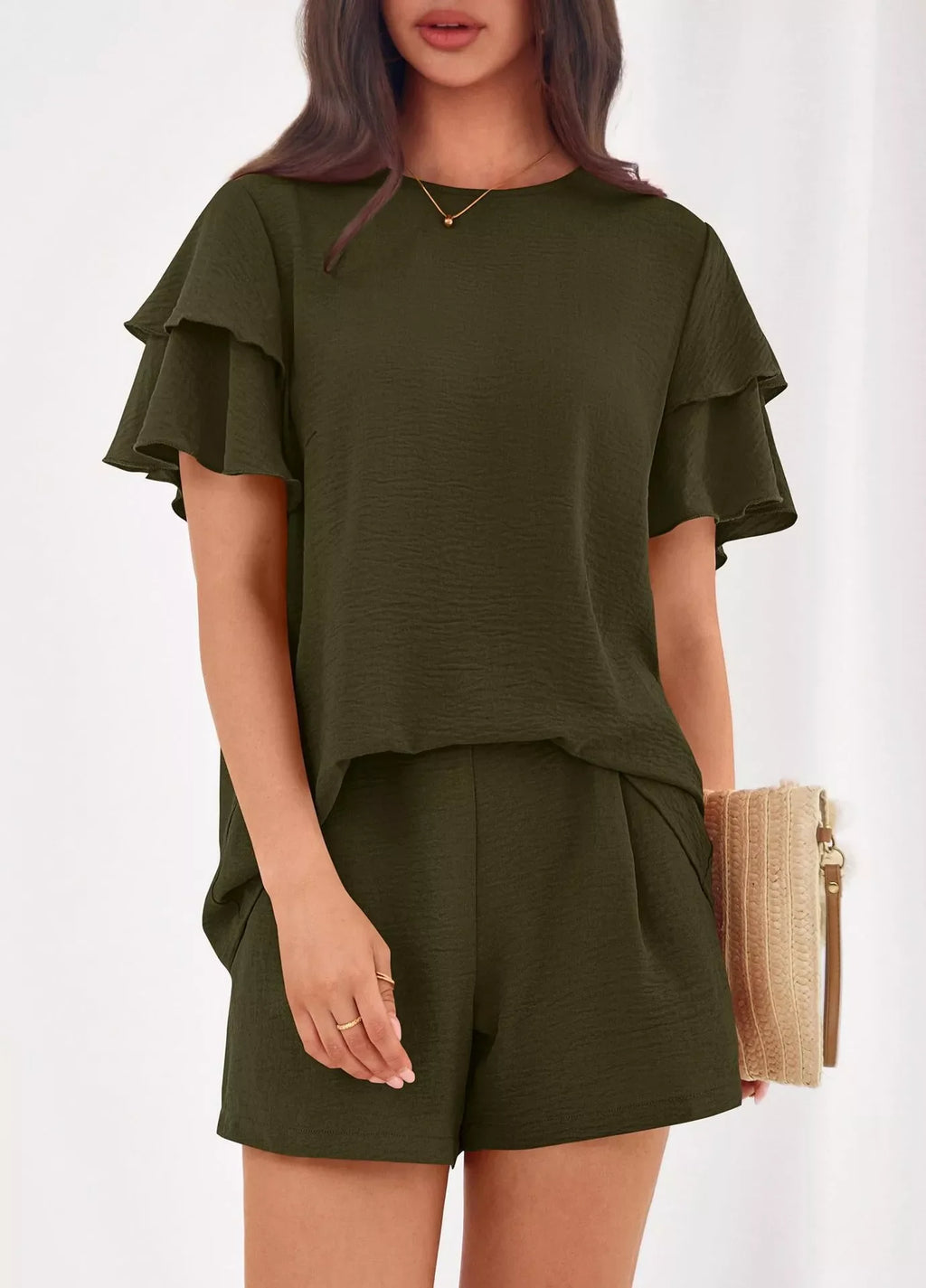 Ruffle Sleeve Top and Shorts Two-Piece Set