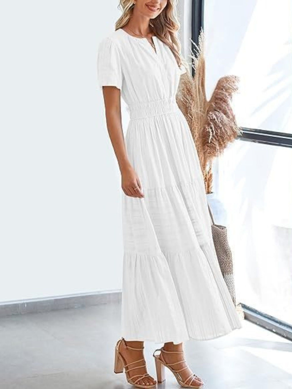 Notched Short Sleeve Tiered Dress
