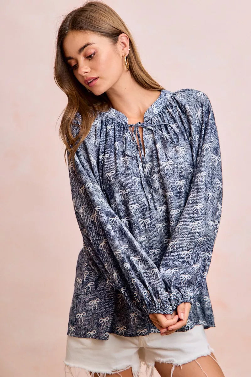 BiBi Ribbon Bow Print Exaggerated Balloon Sleeves Top