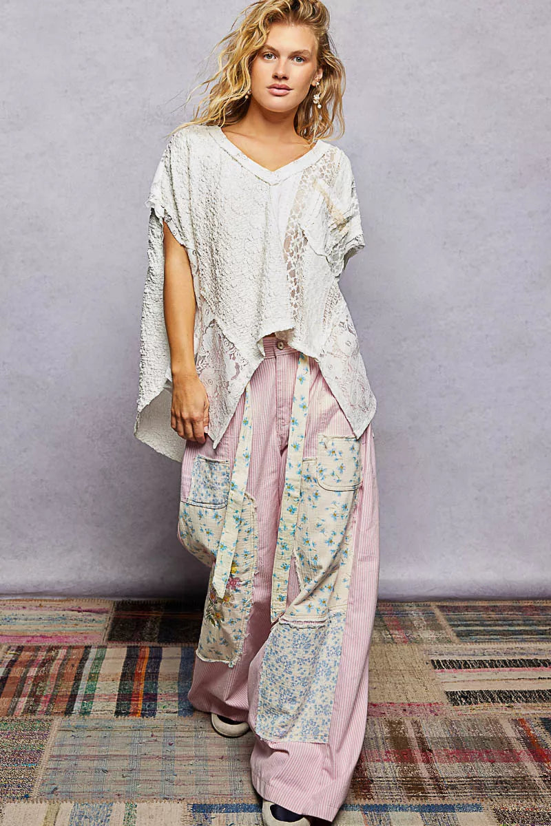 POL Asymmetrical V-Neck Short Sleeve Lace Top