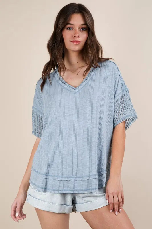 VERY J Oversized Contrast Knit Comfy Casual Top
