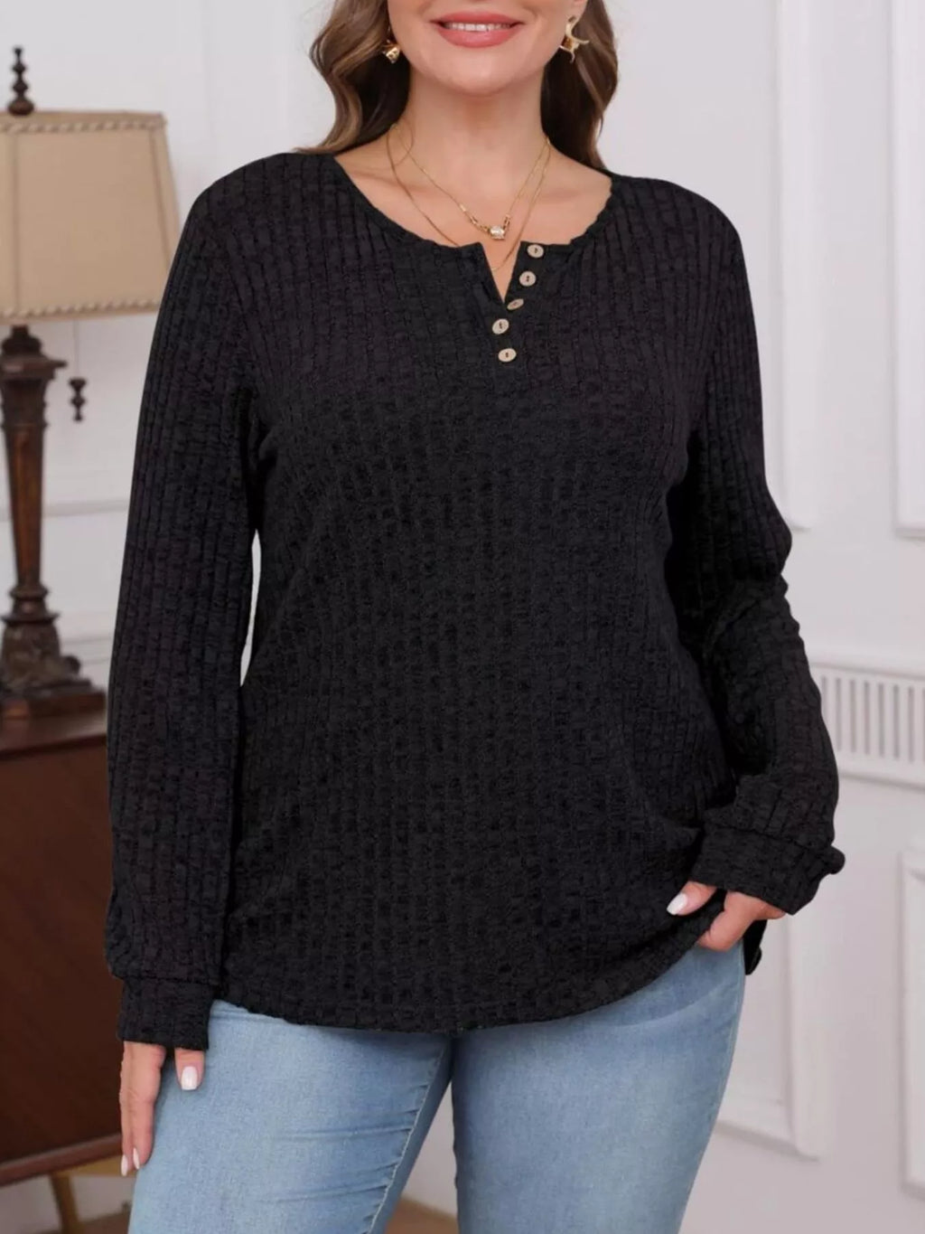Ribbed Knit Button-Front Long Sleeve T-Shirt