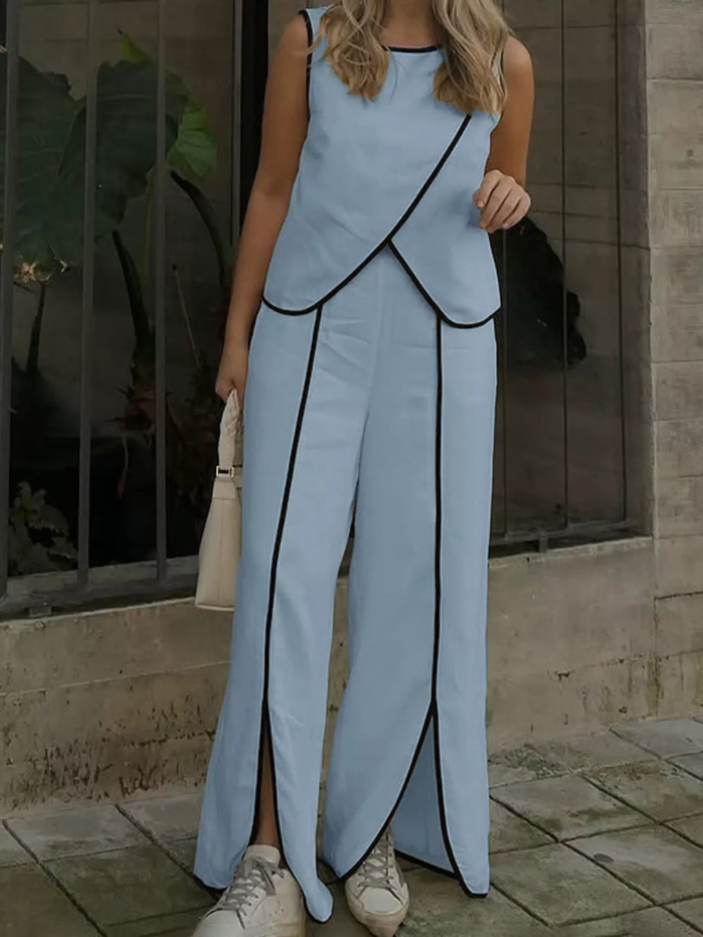 Contrast Trim Sleeveless Top and Wide-Leg Pants Set