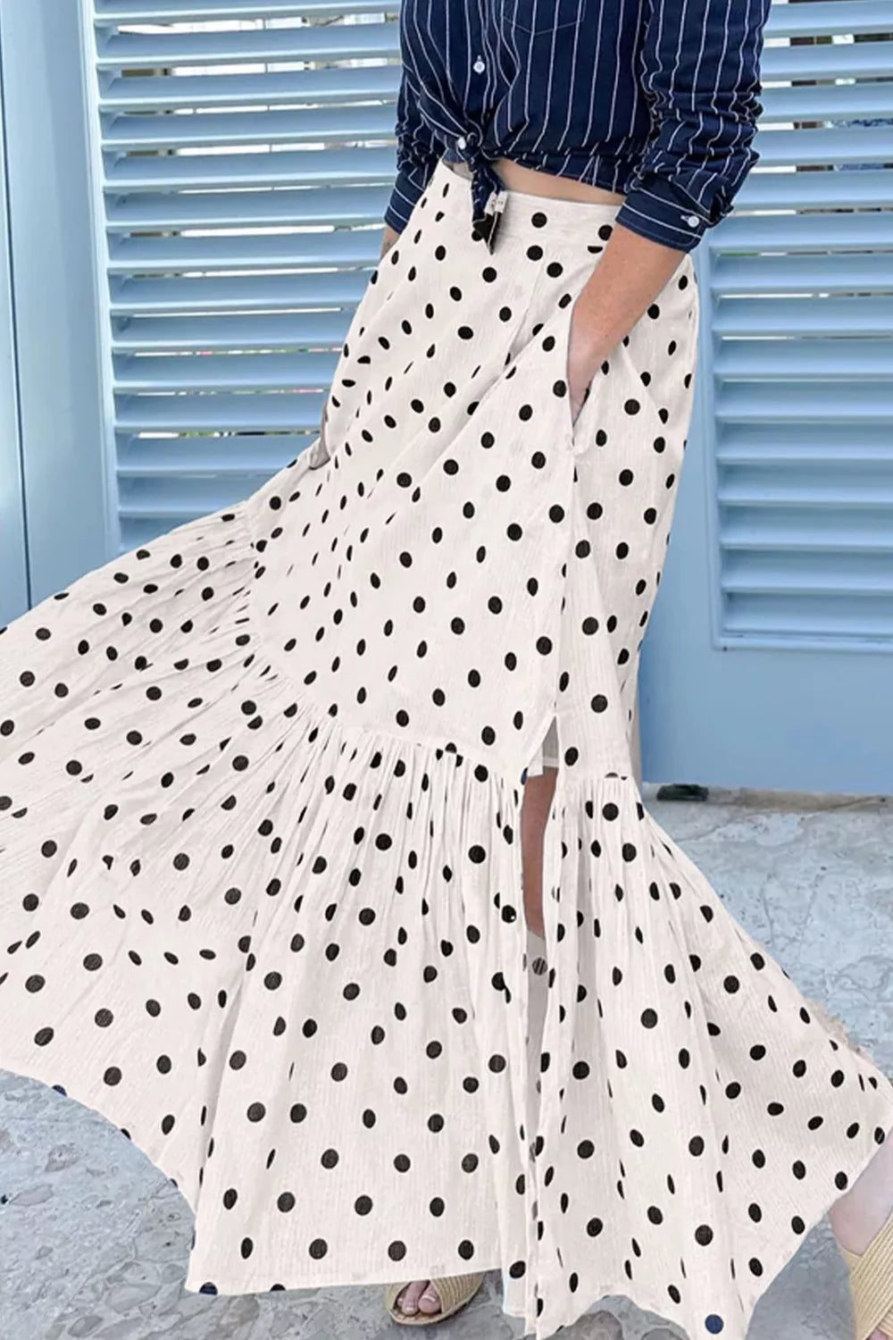Polka Dot Ruffled Slit Maxi Skirt