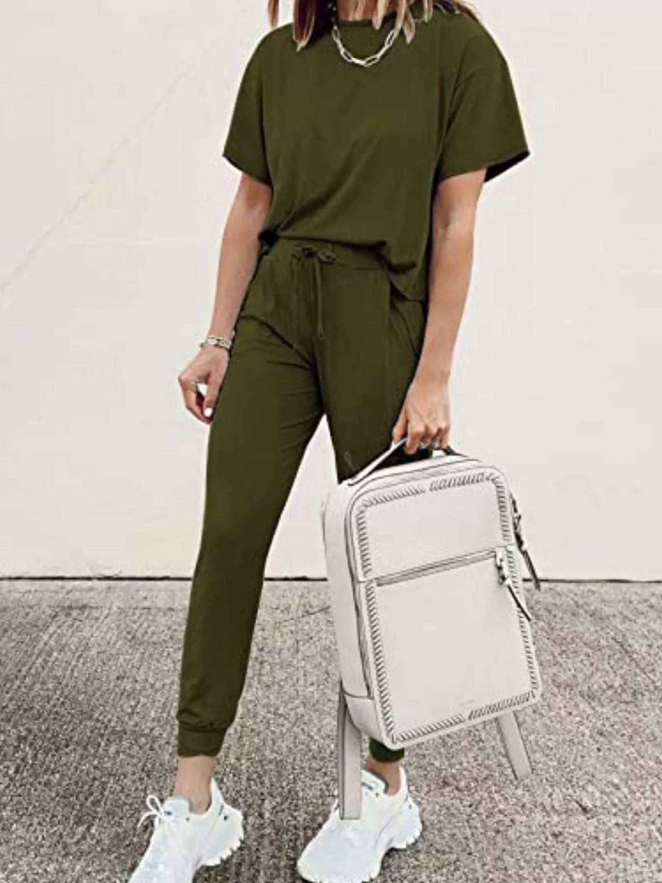 Full Size Round Neck Top and Drawstring Pants Set Plus Size