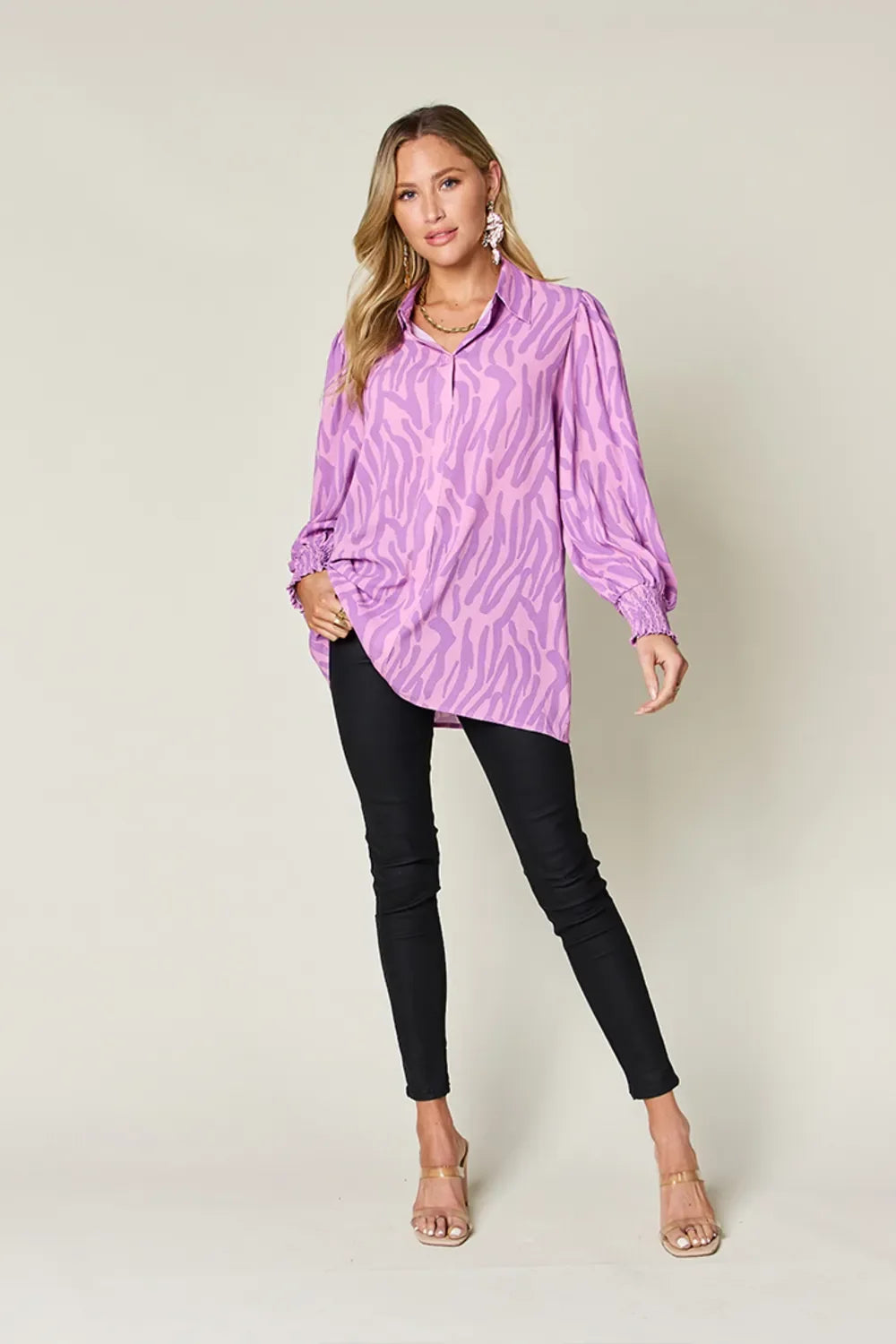 Double Take Full Size Printed Smocked Long Sleeve Blouse Plus Size