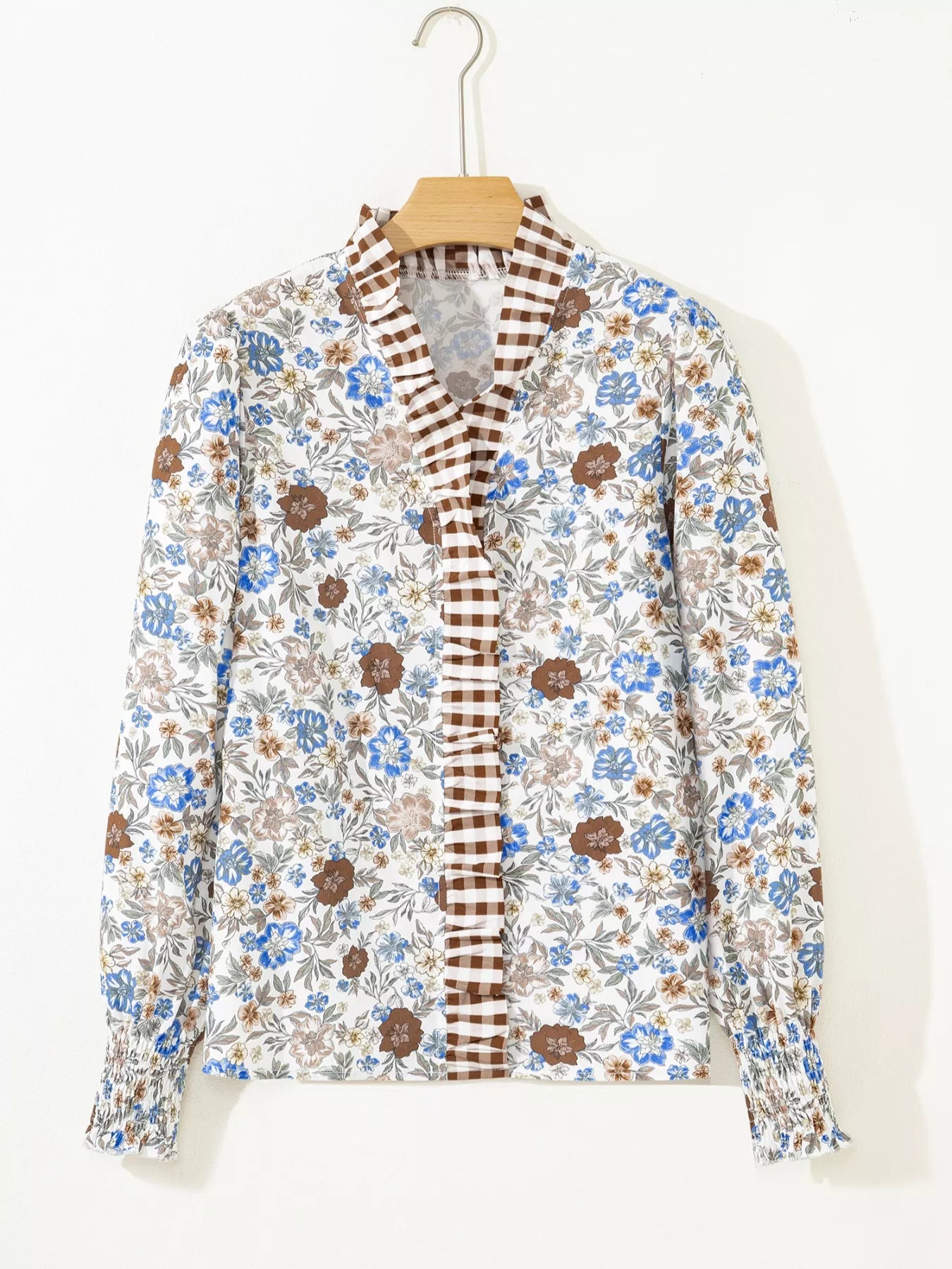 Plaid Frilled Trim V Neck Floral Long Sleeve Blouse