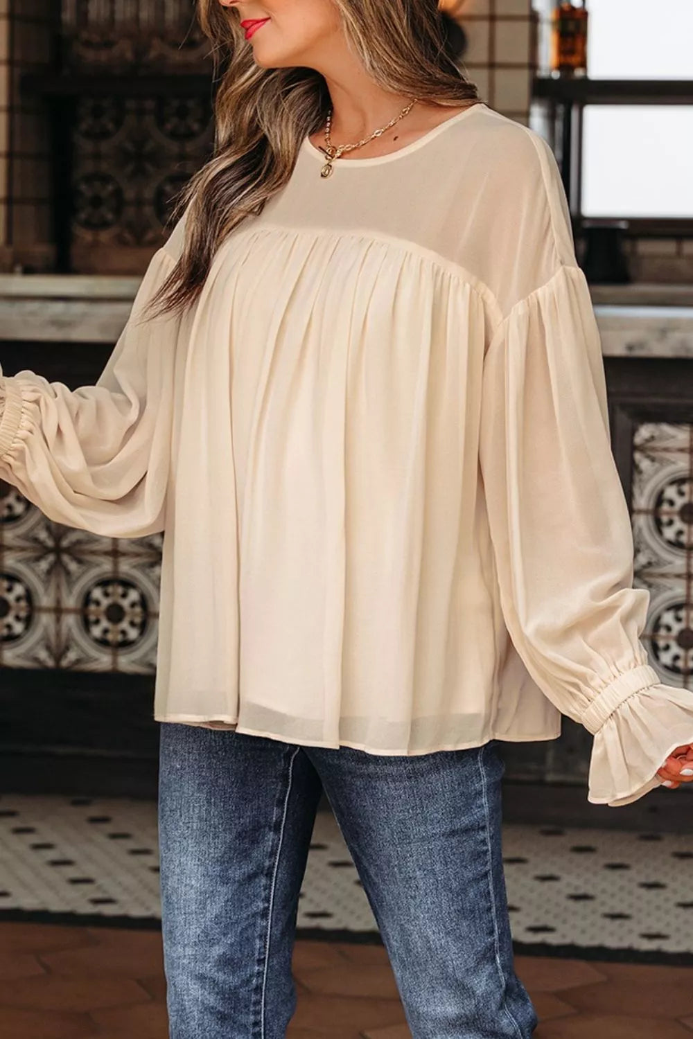 Round Neck Ruffle Sleeve Blouse