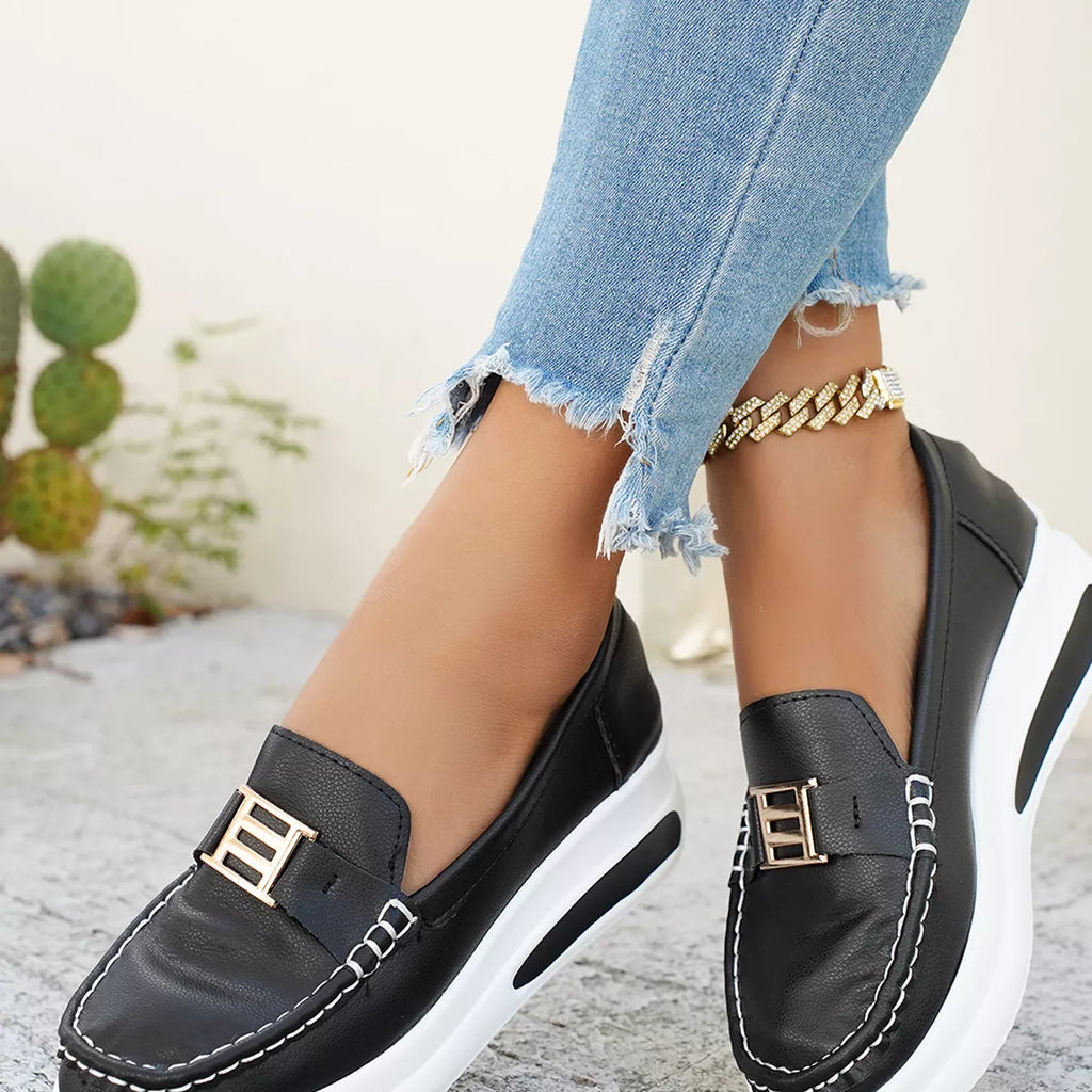 Metal Buckle Round Toe Slip-Ons