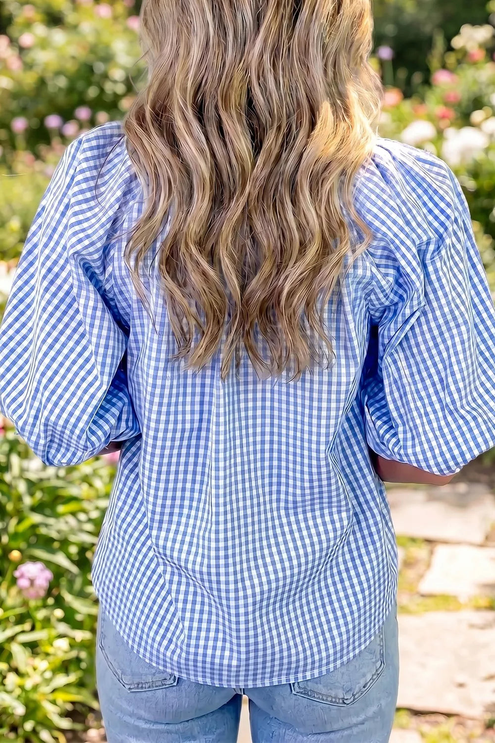 Plaid V Neck Puff Sleeve Blouse
