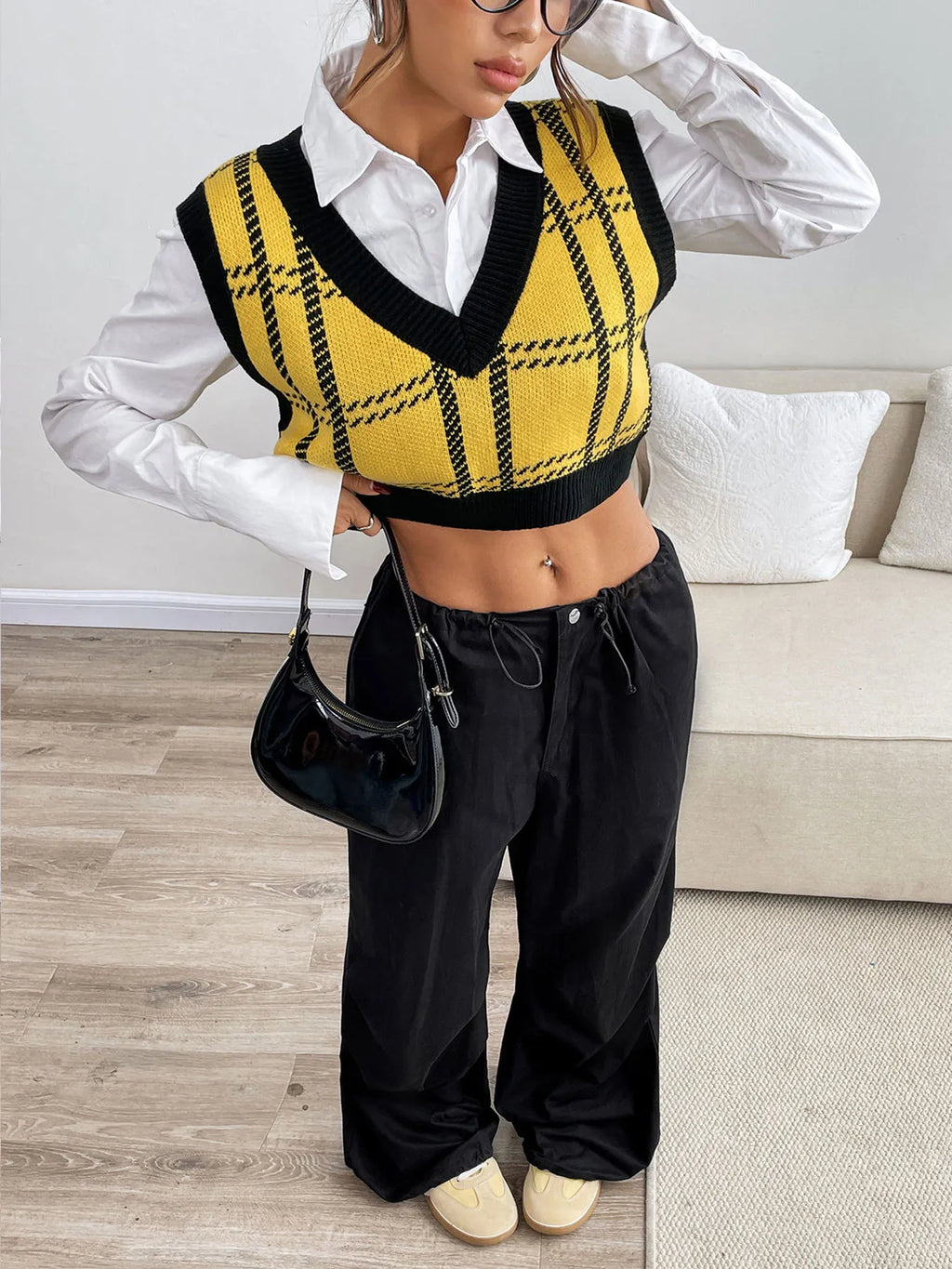 Plaid V-Neck Cropped Sweater Vest