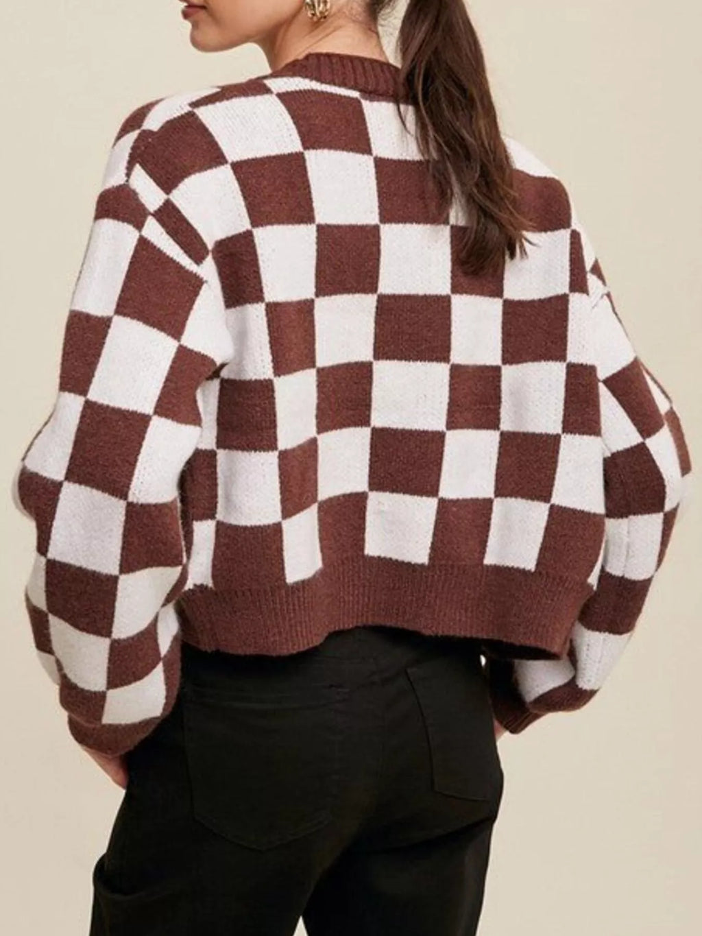 Checkerboard Pattern Button-Down Cardigan