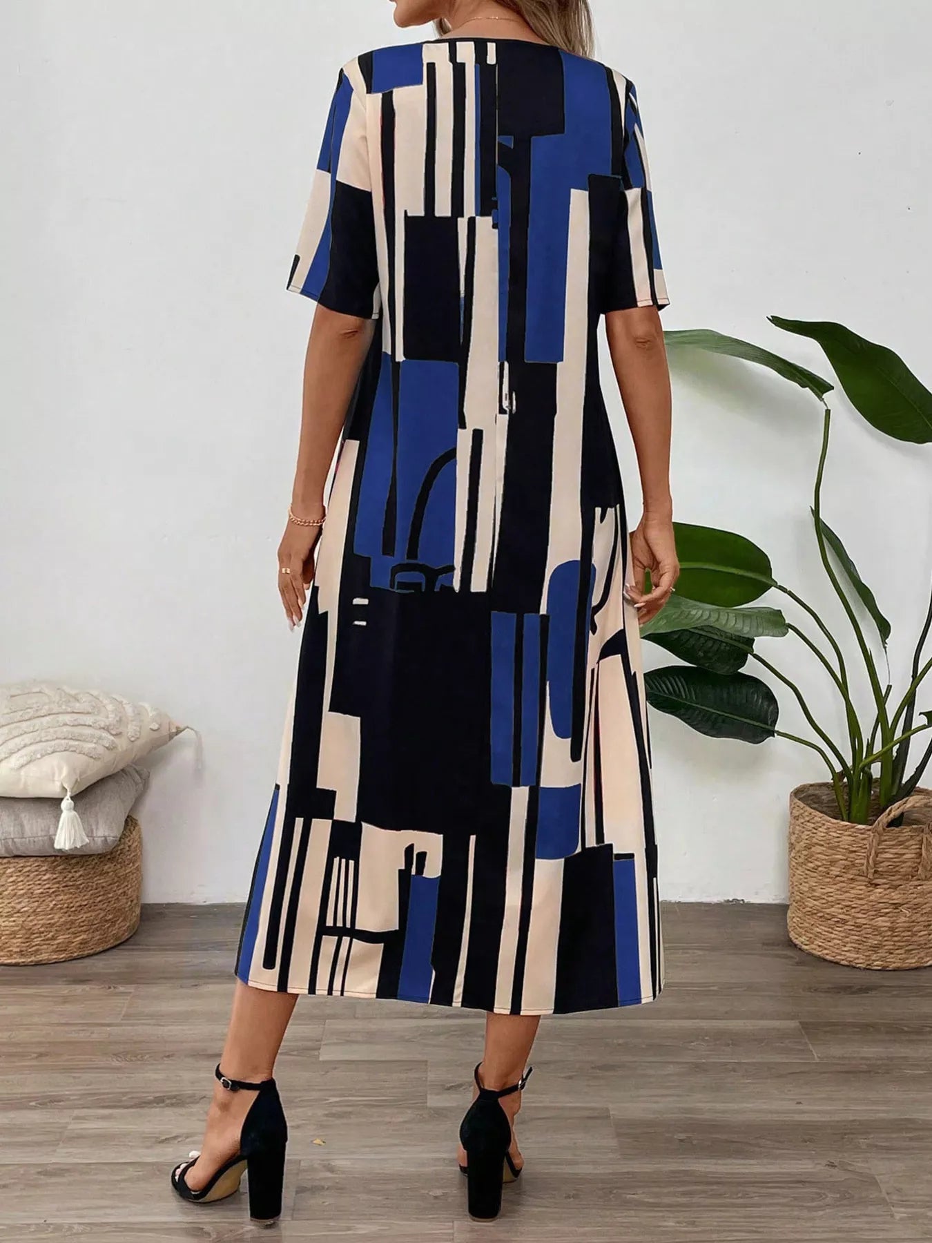 Abstract Geometric Print V-Neck Midi Dress