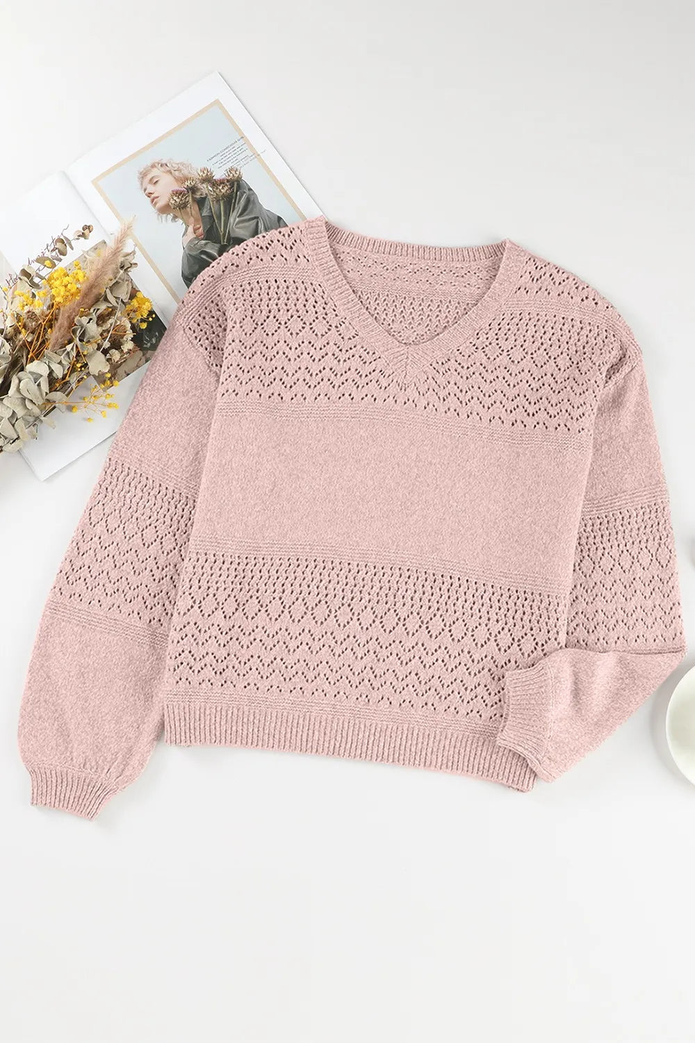 Openwork V-Neck Long Sleeve Sweater