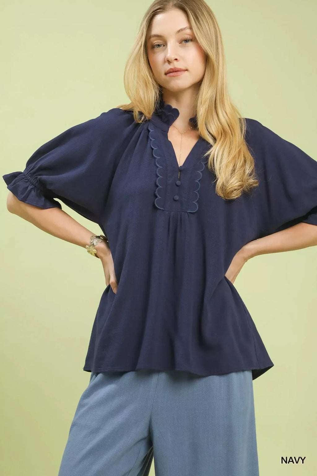 Umgee Linen Scalloped Ruffle Neck Blouse