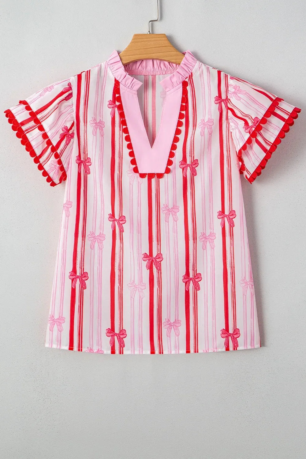 Ric-Rac Trim Ruffled Sleeve Striped Printed Blouse