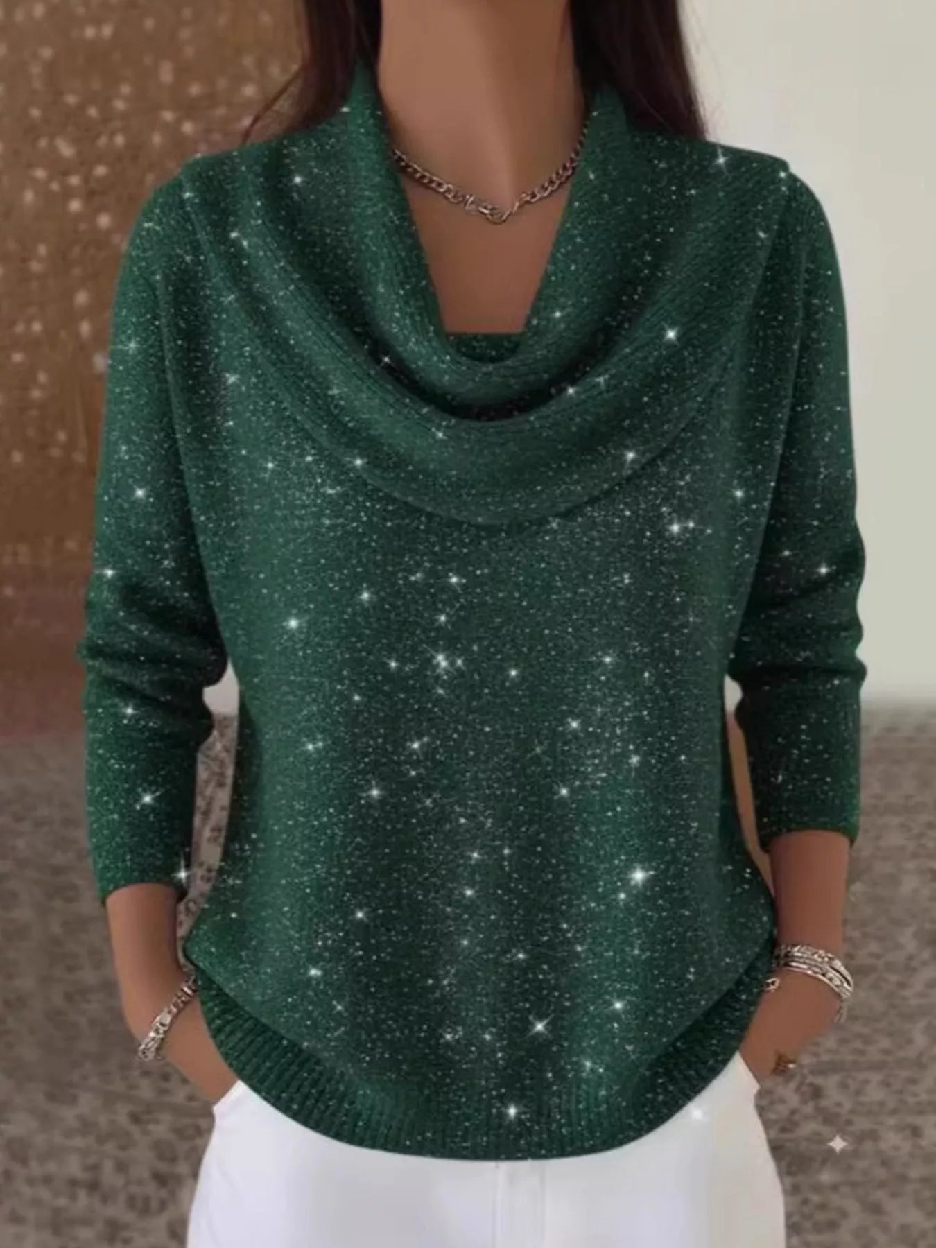 Full Size Glitter Cowl Neck Long Sleeve Sweater Plus Size