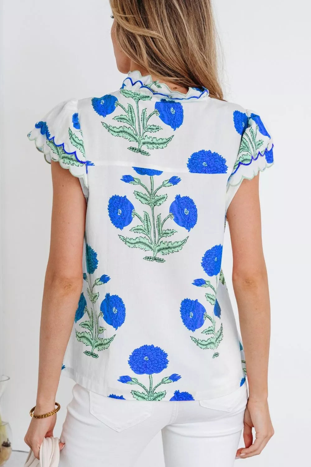 Contrast Scallop Trim Layered Short Sleeve V Neck Blouse