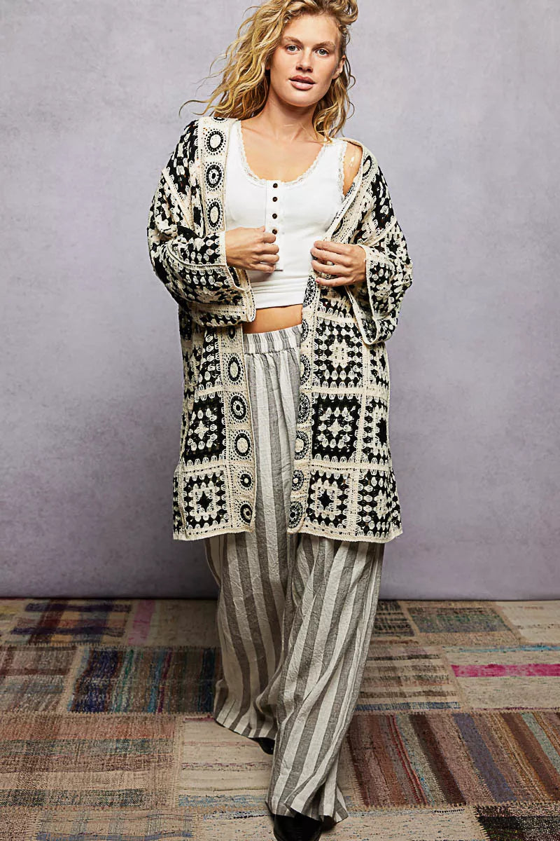 POL Open Front Crochet Cardigan with Granny Square Pattern