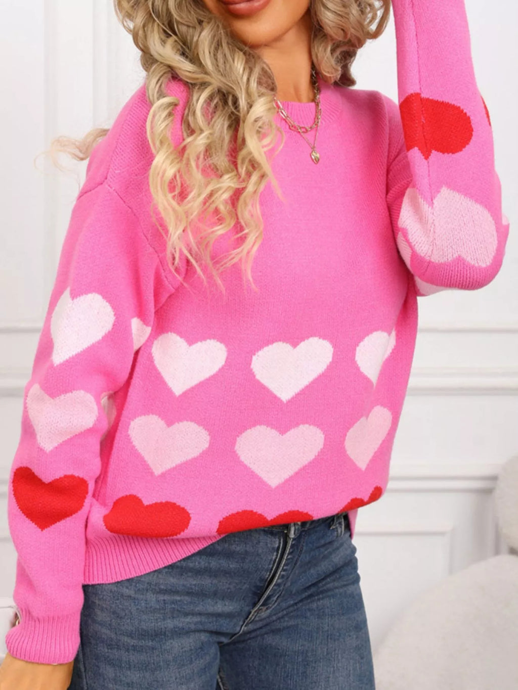 Valentine's Day Heart Pattern Crew Neck Sweater