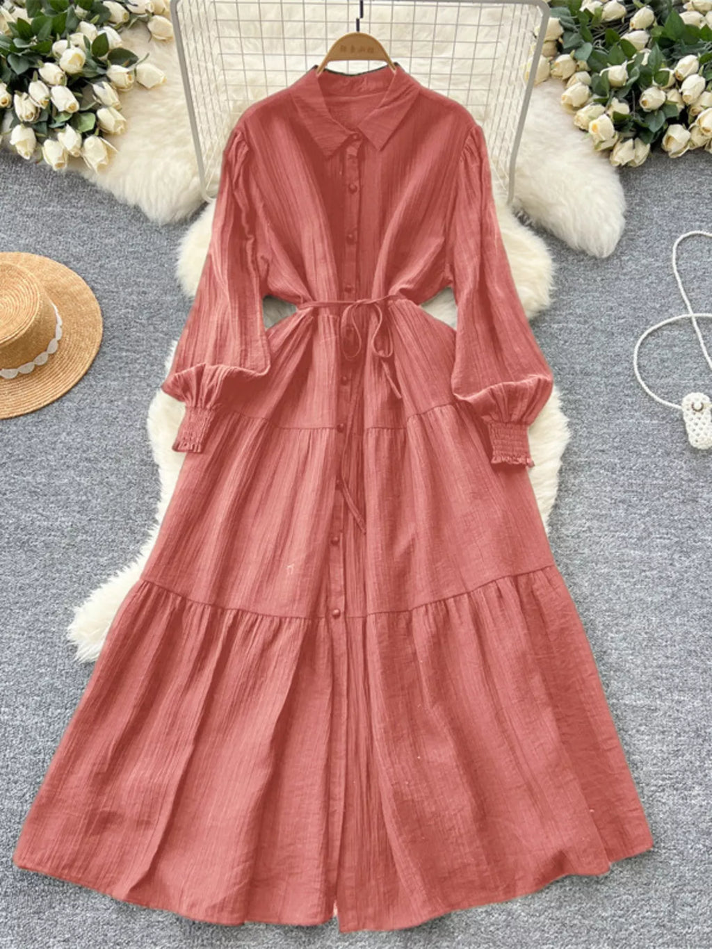Button Down Tiered Long Sleeve Dress
