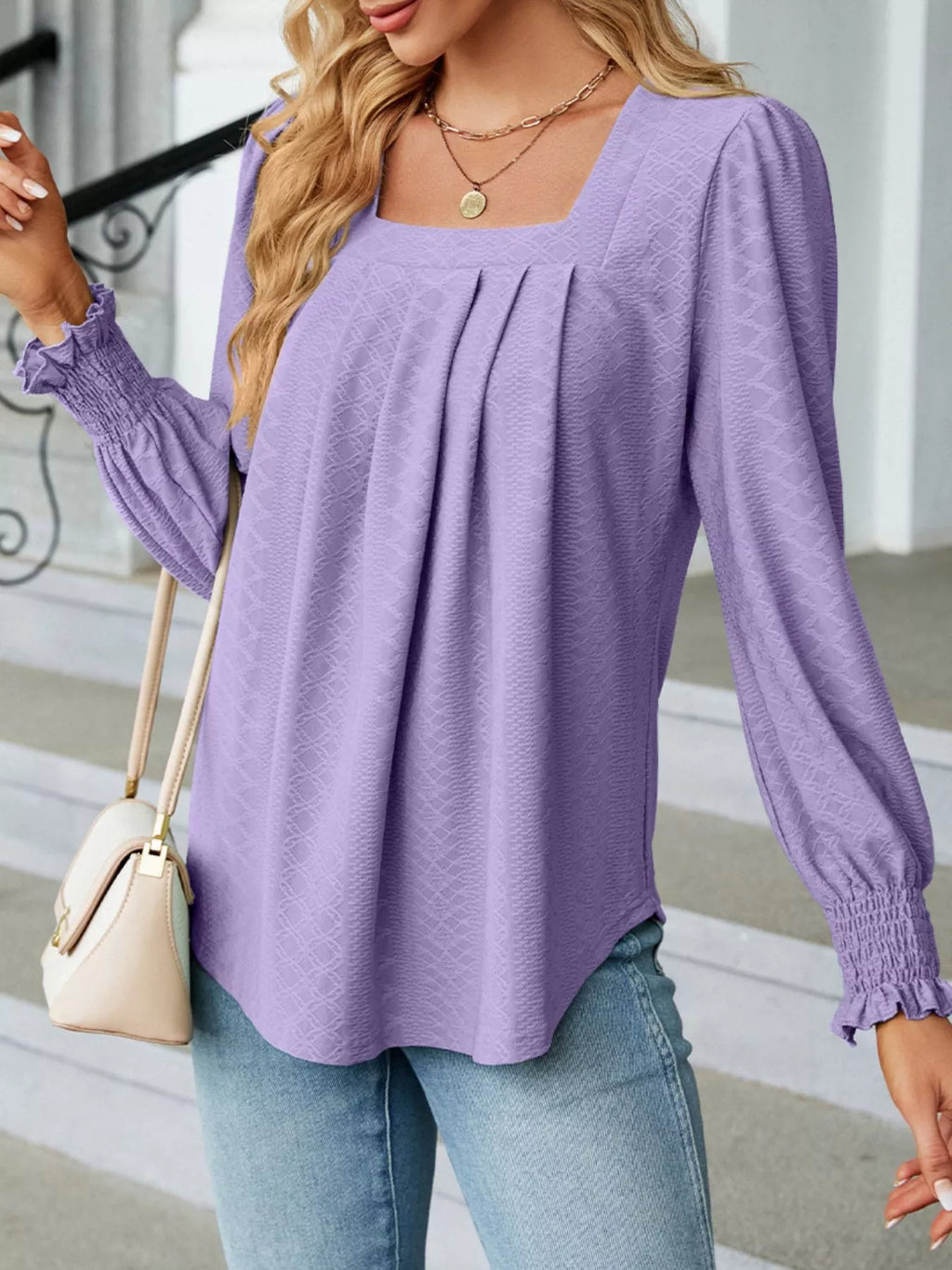 Pleated Square Neck Long Sleeve Top