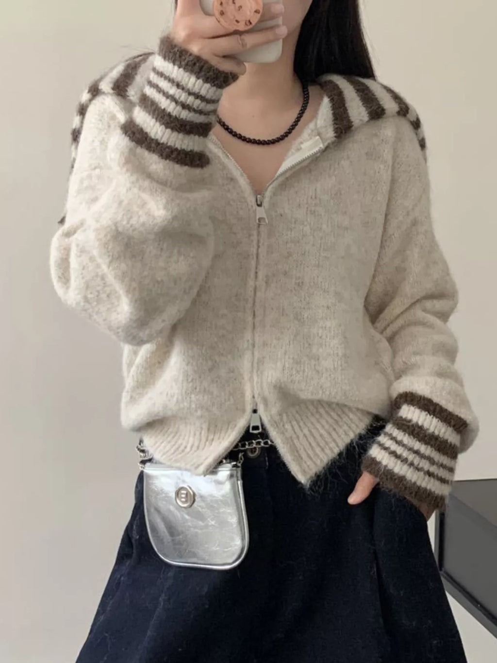 Striped Trim Zip-Up Knit Cardigan