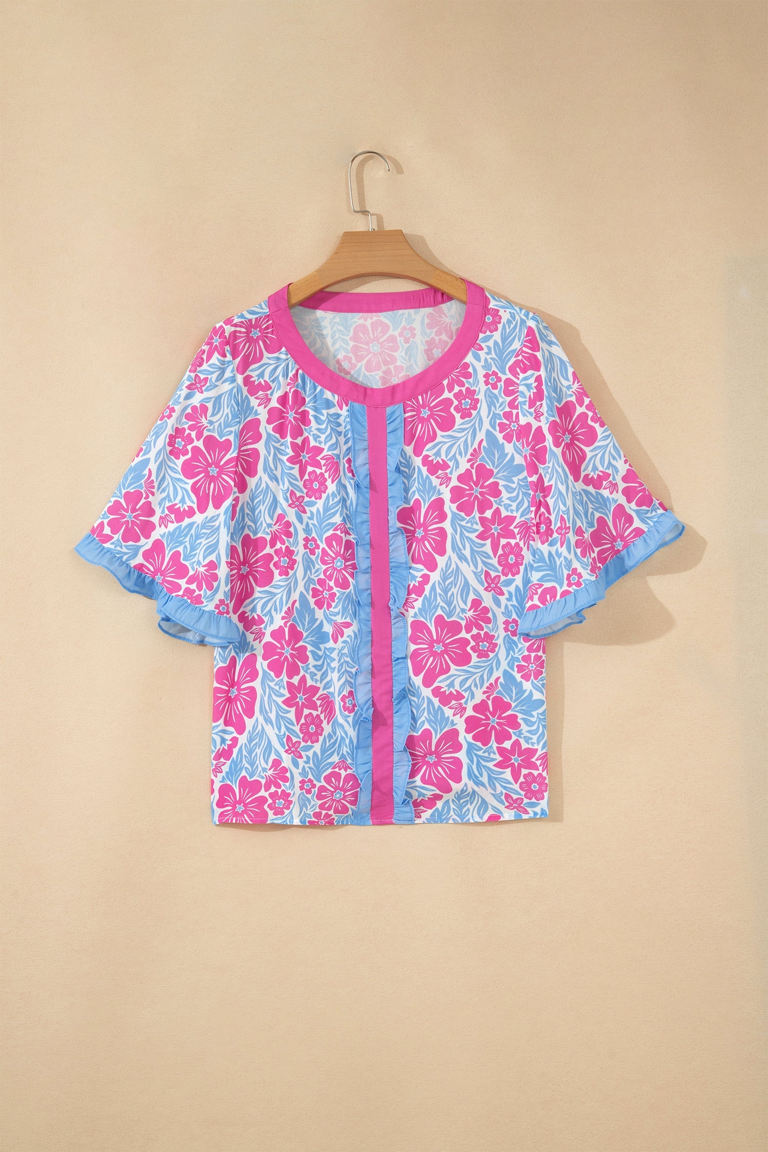 Floral Colorblock Trim Ruffle 3/4 Sleeve Blouse